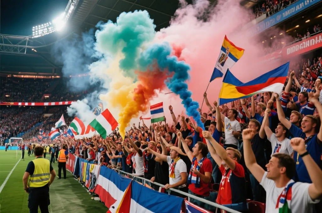 热闹的球场看台，球迷挥舞旗帜