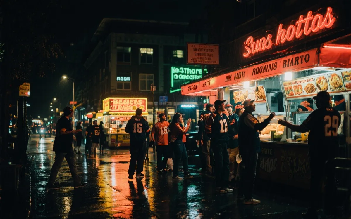 夜晚的西雅图街头与热气腾腾的夜宵氛围，球迷庆祝散场