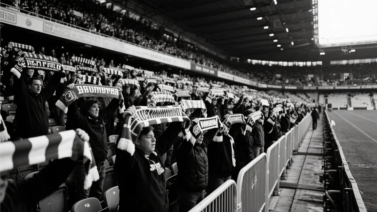 体育场看台上球迷举起围巾助威，氛围热烈但秩序井然