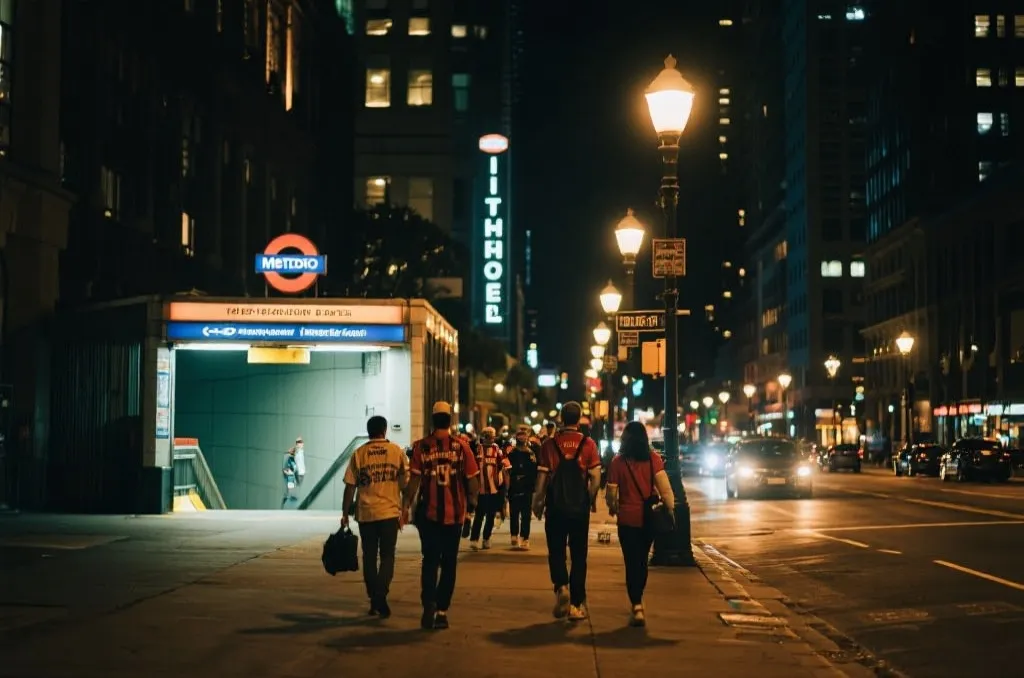 夜间球迷在城市地铁站与酒店区域之间步行返回